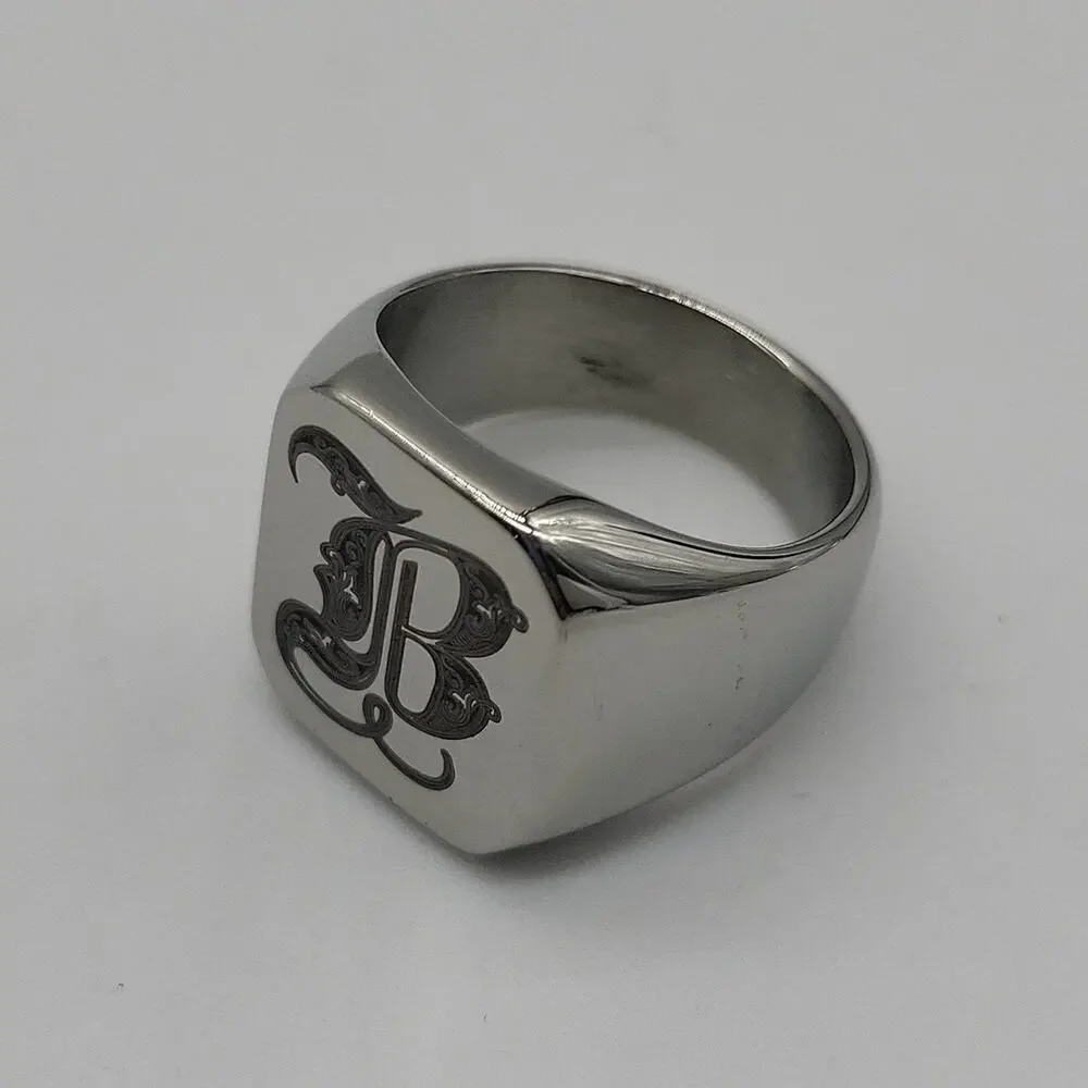 Men’s Stainless Steel Initial B Signet Ring Size 9 Engraved Handmade NWT